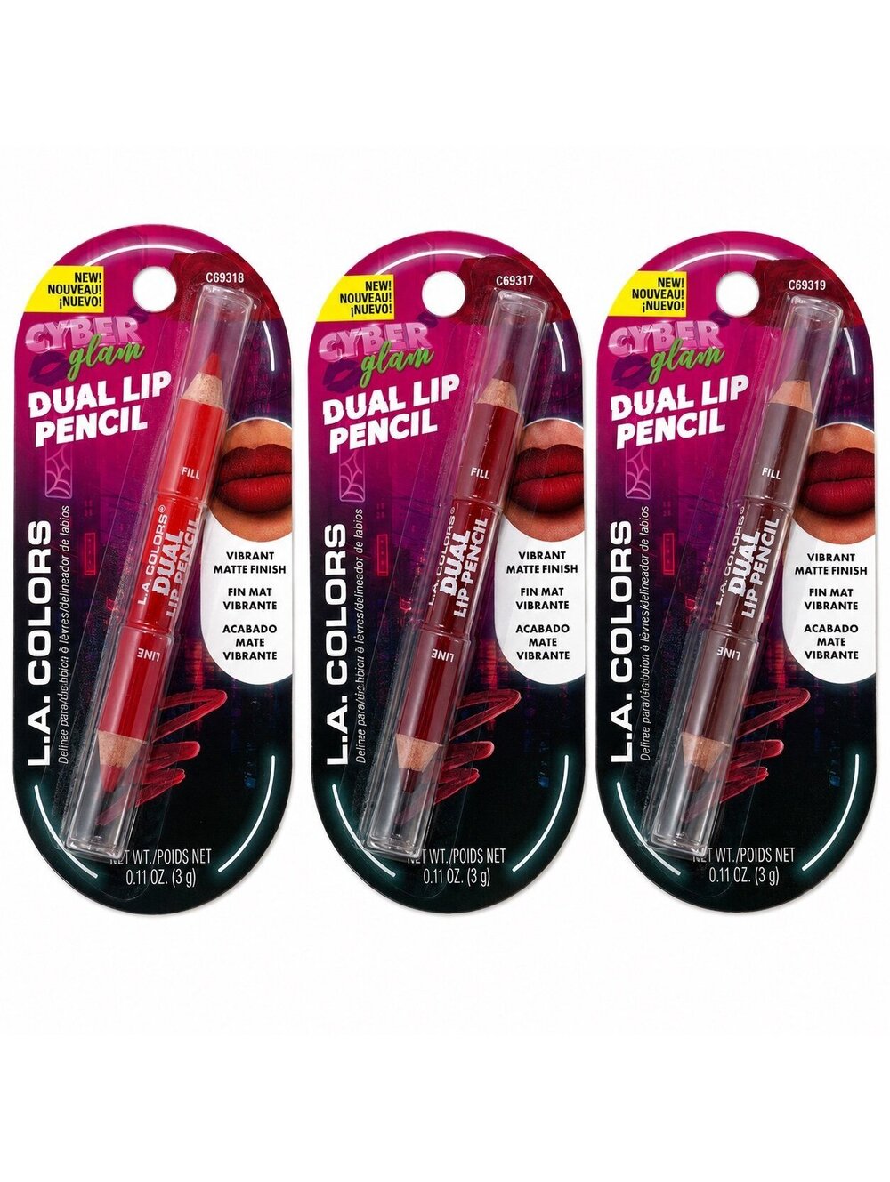 L.A. Colors Cyber Glam Dual Lip Pencil Lot of 3 New HTF